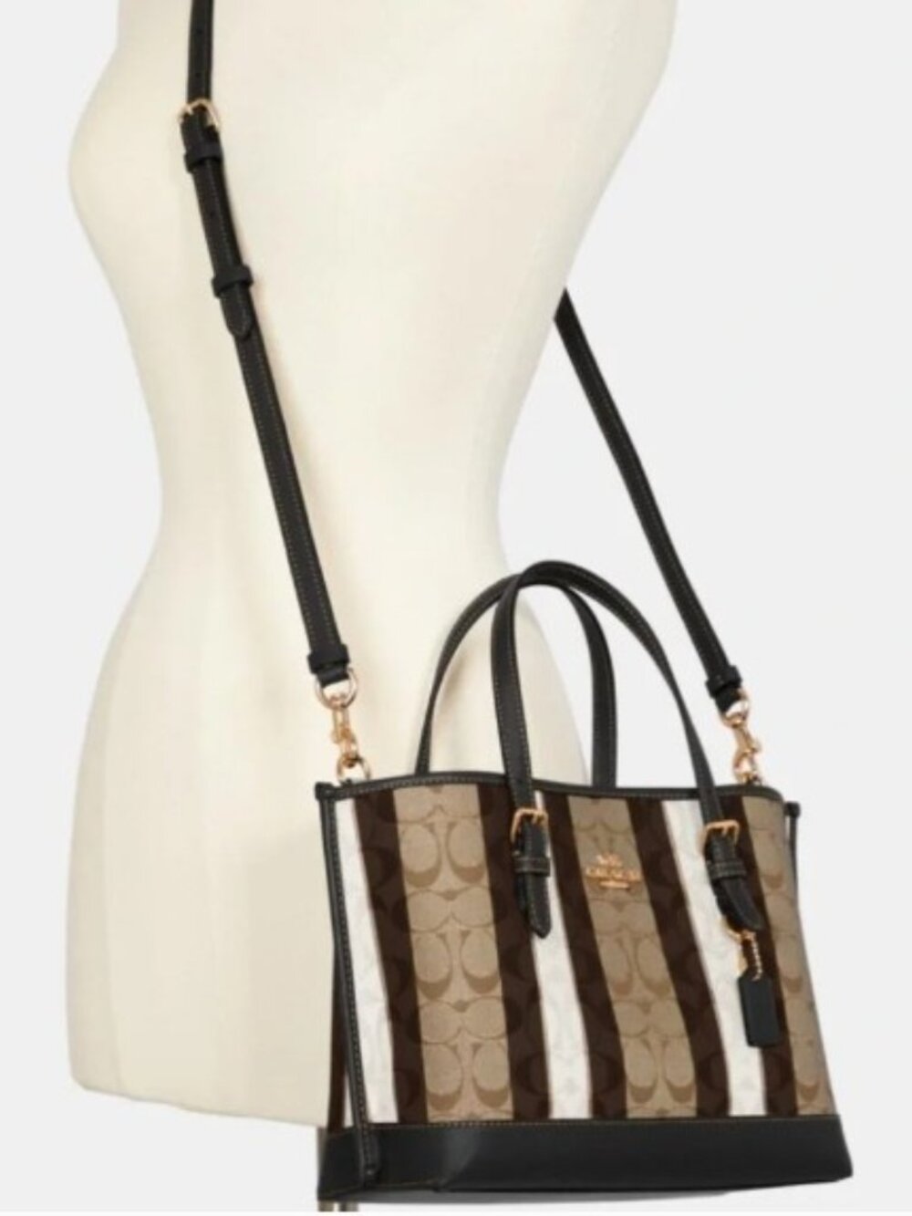 New Coach Signature Stripe Small Satchel in Brown/Black with Canvas Print - Picture 7 of 11